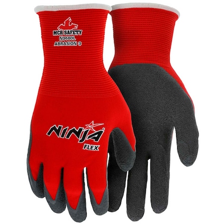 Mcr Safety Coated Gloves, Nylon, Rubber, Latex, Crinkle Finish, Red, XL 1 PR N9680XL